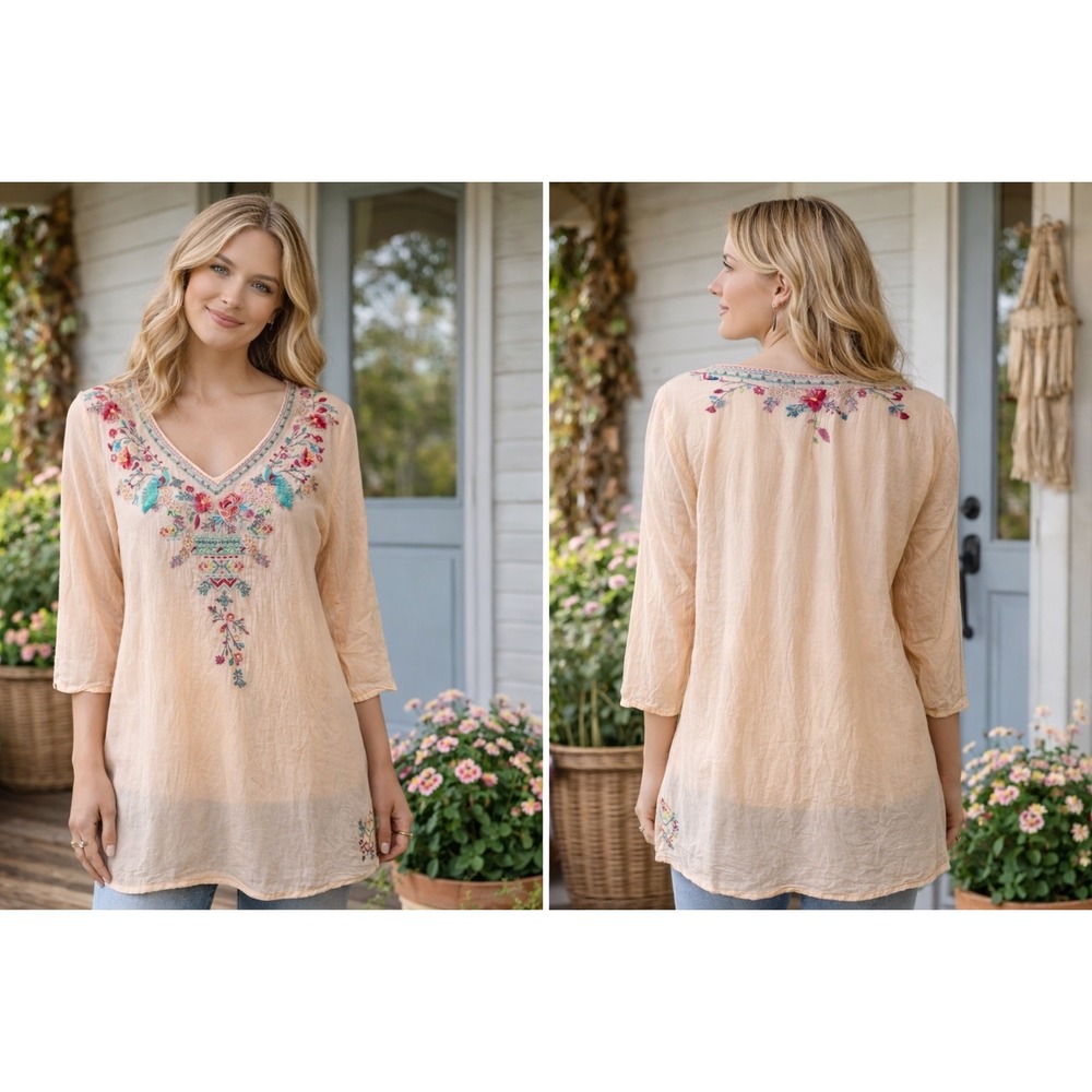 Johnny Was Boho Cottagecore Chic Peach Embroidered Floral V-Neck Tunic Top Small